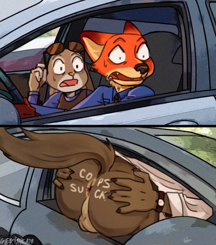 anthro ass blue_clothing bottomless brown_fur car clothing cop flashing fox glasses glebyshka78 judy_hopps meme mr._wolf_(the_bad_guys) nick_wilde orange_fur police rabbit spread_ass sunglasses sunglasses_on_head tagme the_bad_guys vehicle watch white_clothing wolf writing_on_ass writing_on_body zootopia