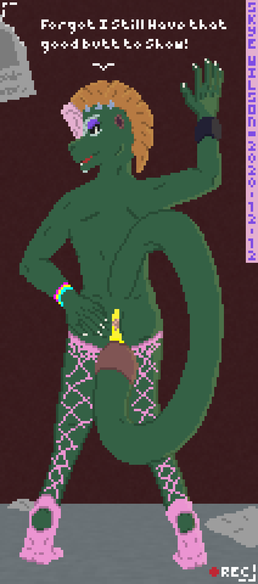 1boy 2020 anthro anus armlet ass black_sclera cuntboy cuntboy_only cuntboy_sans_balls dialogue digital_media_(artwork) edvaard_skogson fishnet fishnet_only glowing_bracelet green_body herm hermaphrodite hi_res imminent_tail_sex intersex lizard looking_at_viewer looking_back looking_back_at_viewer male male_focus male_only maleherm monophallia multi_genitalia nude outside penis penis_tail piercing pixel_art presenting presenting_anus pussy raised_tail rear_view recording reptile scalie skye_wilson solo tail tail_penis