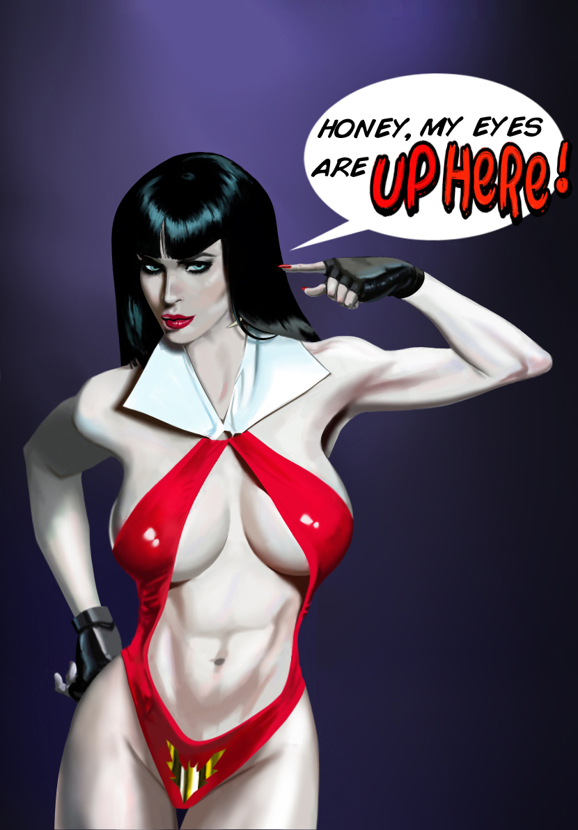 abs black_hair chubeto collar dialogue female lipstick night pale-skinned_female pointing sling_bikini solo speech_bubble vampire_girl vampirella