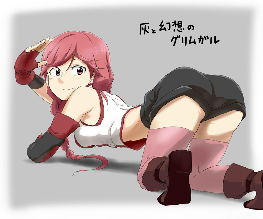 arm_support ass boots braid brown_eyes commentary_request copyright_name female fingerless_gloves gloves hai_to_gensou_no_grimgar hair_over_shoulder highres kneeling long_hair looking_back midriff red_hair roppako salute shorts single_braid smile solo thighhighs yume_(grimgar)