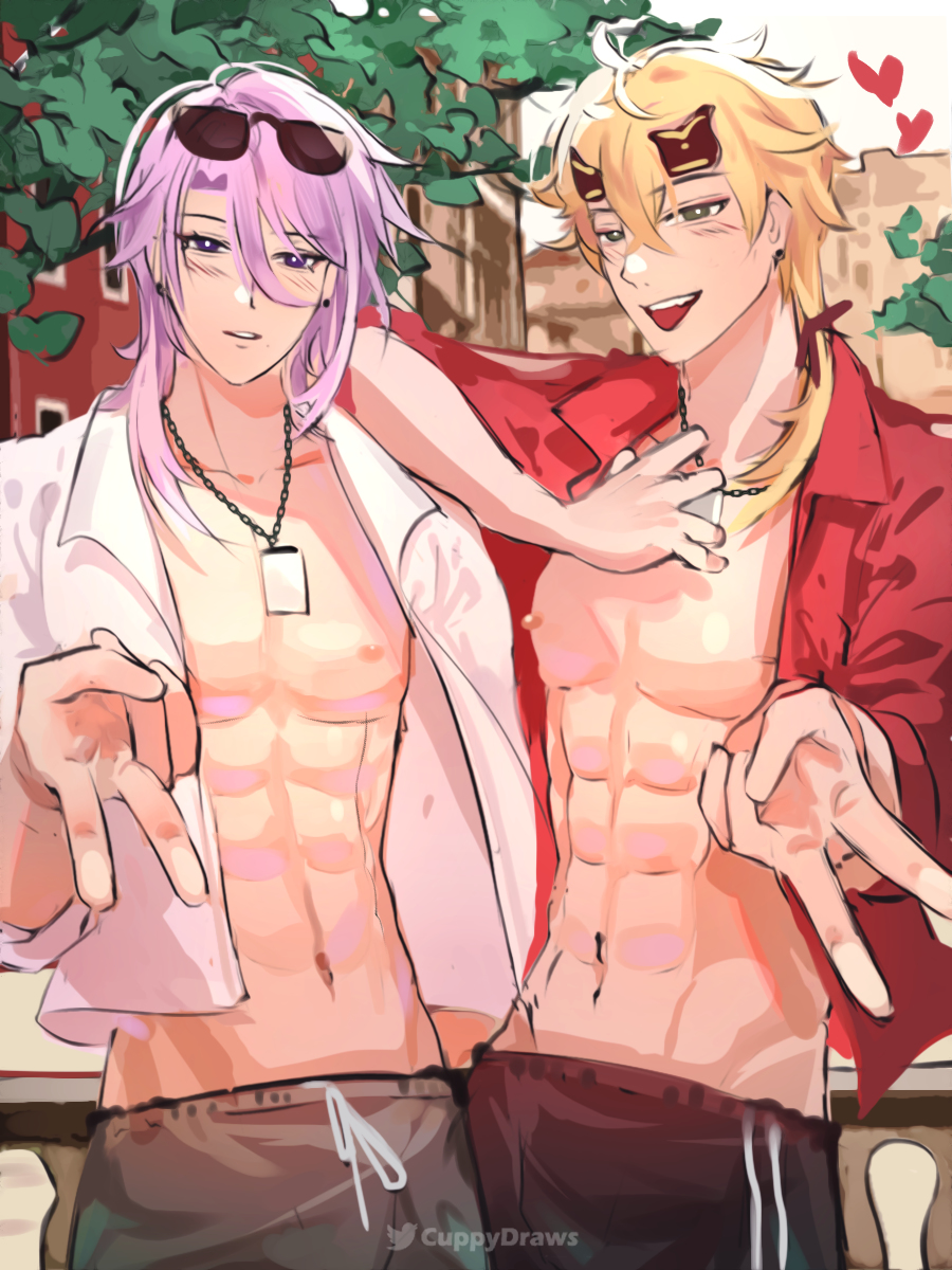 2boys, abs, bishonen, cuppydraws, gay, genshin impact, glasses, glasses on head, heart, kamisato ayato, looking at viewer, male, male only, muscular, muscular male, pecs, pretty boy, shirt open, thoma (genshin impact), tongue, tongue out, yaoi