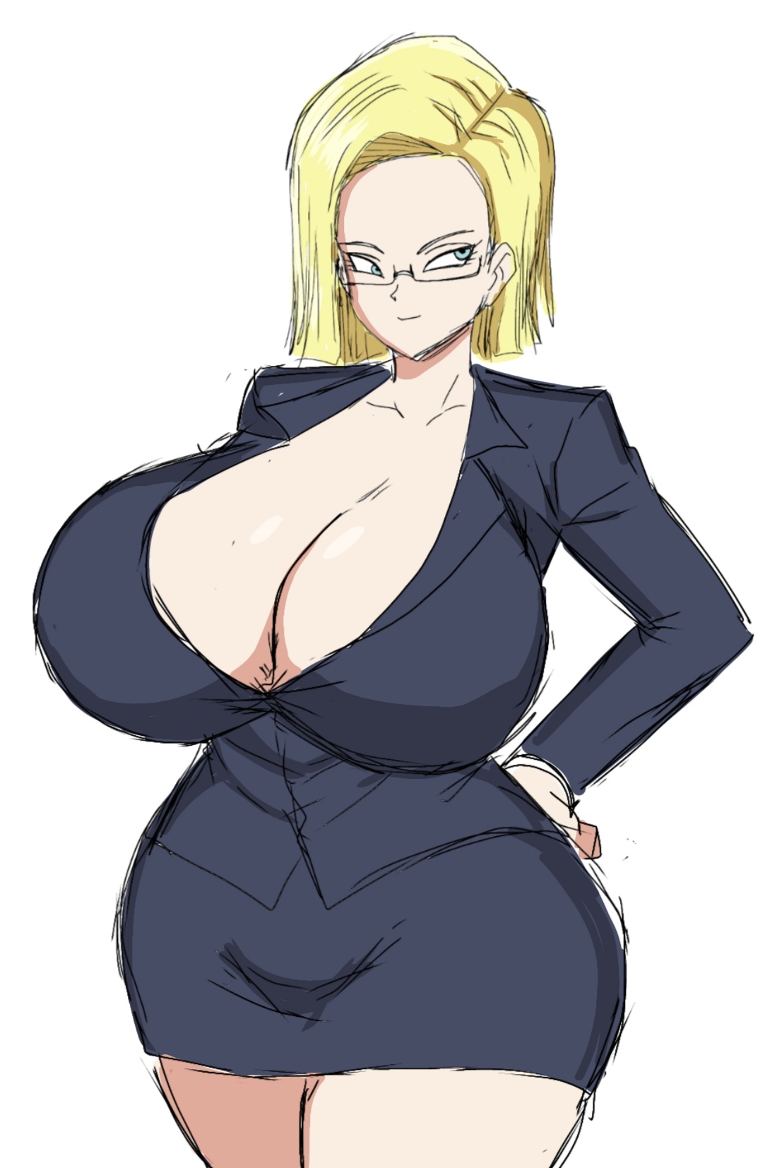 1girls, alternate version available, android 18, ass, big breasts, blonde, blonde hair, blonde-haired female, blue eyes, blue-eyed female, breasts, cameltoe, cleavage, curvy, dragon ball, erect nipples, female, gigantic breasts, glasses, huge areolae, huge ass, huge breasts, momiji (artist), nipples, office lady, puffy nipples, pussy, short hair, short-haired female, sketch, thick lips, voluptuous, wide hips, yellow hair