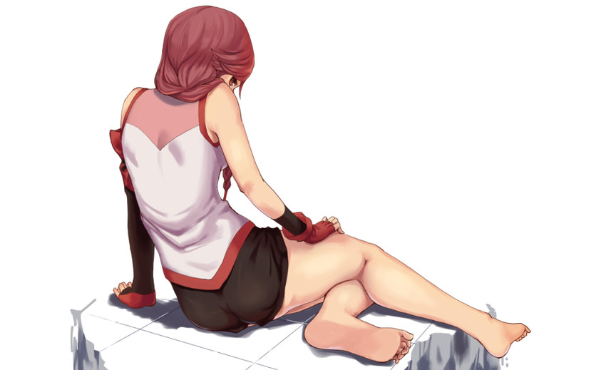 aona_(anagasaki) asymmetrical_clothes barefoot braid commentary_request feet female fingerless_gloves from_behind full_body gloves hai_to_gensou_no_grimgar hair_over_shoulder jersey long_hair looking_back red_eyes red_hair shadow short_shorts shorts single_braid sitting solo yokozuwari yume_(grimgar)