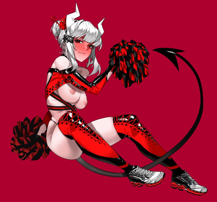 1girls bangs blush breasts cheerleader cheerleader_uniform demon demon_girl detailed devil_girl devil_horns devil_tail ears embarrassed exposed_breasts female gaak hair_ornament hair_pin heavy_blush helltaker horns large_breasts legs legwear long_hair looking_at_viewer lucifer_(helltaker) medium_breasts medium_hair nipples pom_pom_(cheerleading) pom_pom_(clothes) pom_poms red_background red_eyes shoes short_hair silver_hair sitting sitting_down solo solo_female solo_focus tail thick_thighs thighs tied_hair white_hair