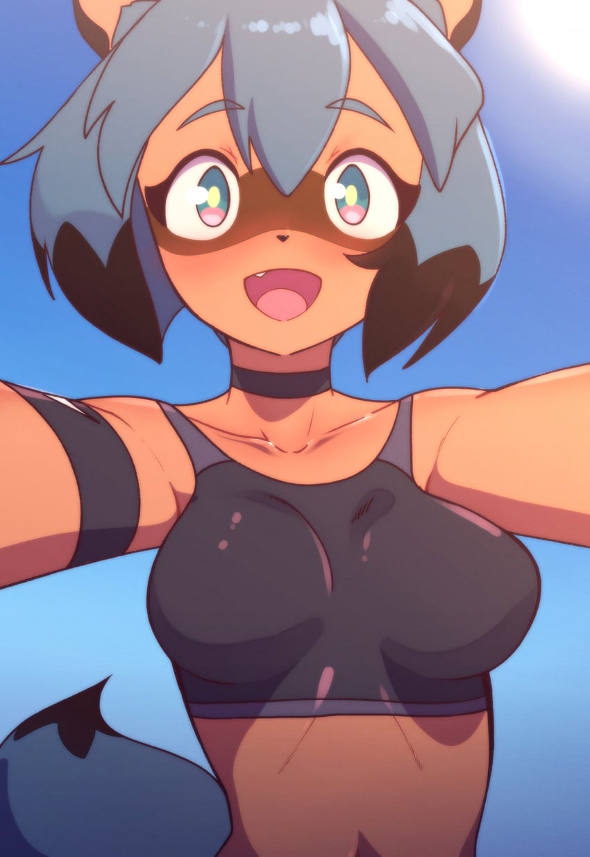 :d, absurdres, animal ears, animal nose, black choker, blue background, brand new animal, breasts, choker, collarbone, female, furry, furry female, gradient, gradient background, green eyes, highres, impossible clothes, looking at viewer, medium breasts, michiru kagemori, multicolored eyes, oerba yun fang, open mouth, pink eyes, raccoon ears, raccoon girl, raccoon tail, smile, snout, solo, tail, tanquito