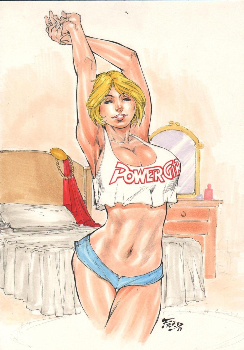 blonde_hair dc dc_comics ed_benes_studio female fred_benes power_girl short_hair solo stretching superheroine tank_top