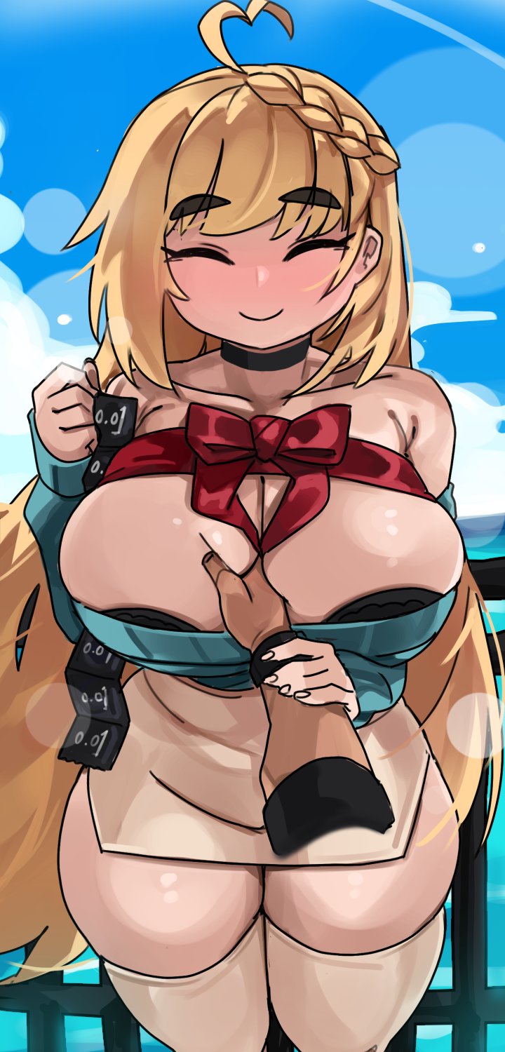 1boy 1girls 2022 ahoge blonde_hair blush breast_grab breasts cleavage closed_eyes clothed clothed_female commission female hand_between_breasts hand_in_cleavage hips huge_breasts long_hair louise_(okanderlig) male male_pov original original_character pov skindentation smile thick_thighs thighhighs thighs wide_hips zanamaoria