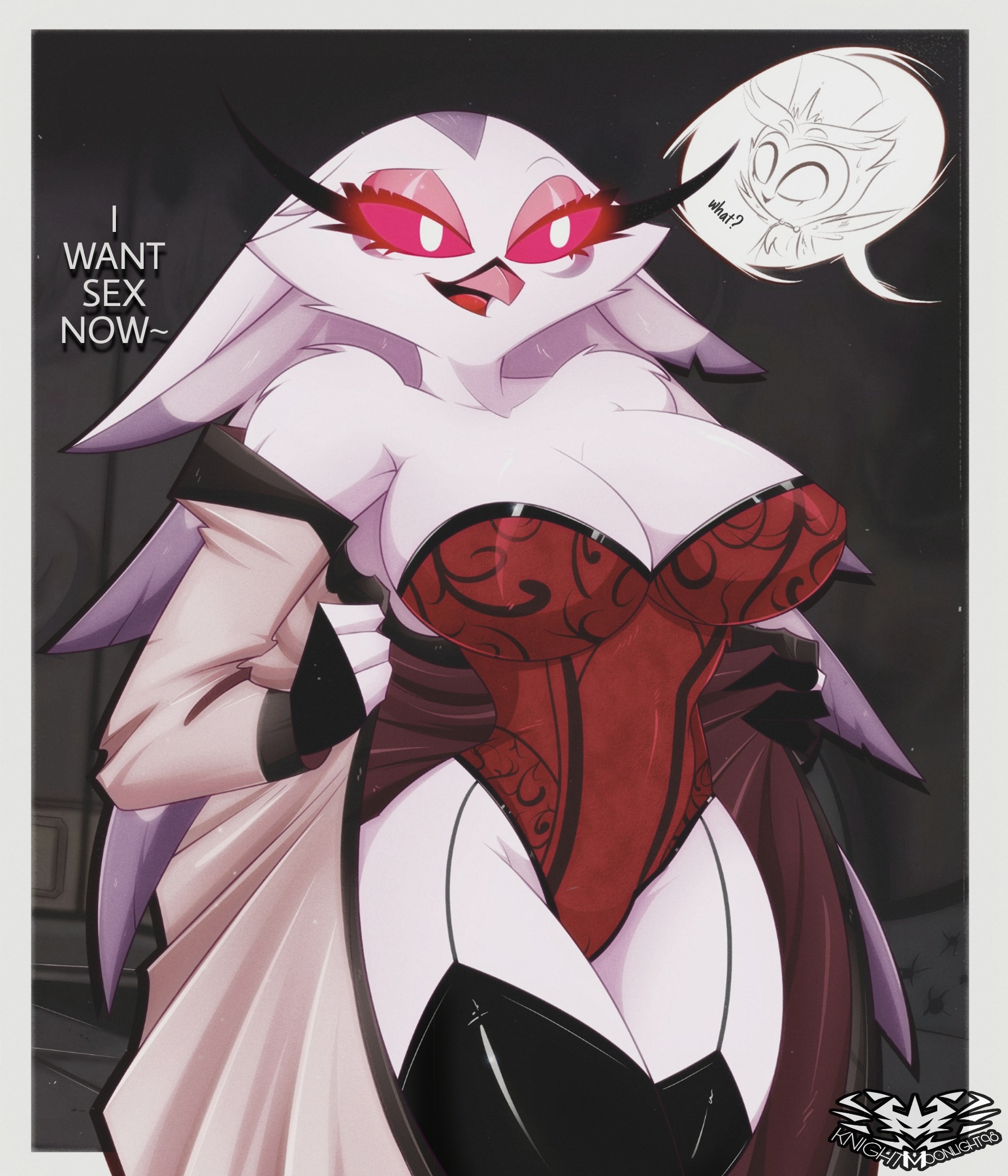 1boy, 1girls, avian, avian demon, beak, big breasts, breasts, cleavage, clothed, corset, dialogue, feathers, female, furry, garter straps, hellaverse, helluva boss, imminent sex, knightmoonlight98, leotard, lingerie, male, married, married couple, married female, milf, owl, red eyes, stella (helluva boss), stockings, stolas (helluva boss), tagme, thighhighs, undressing, white feathers