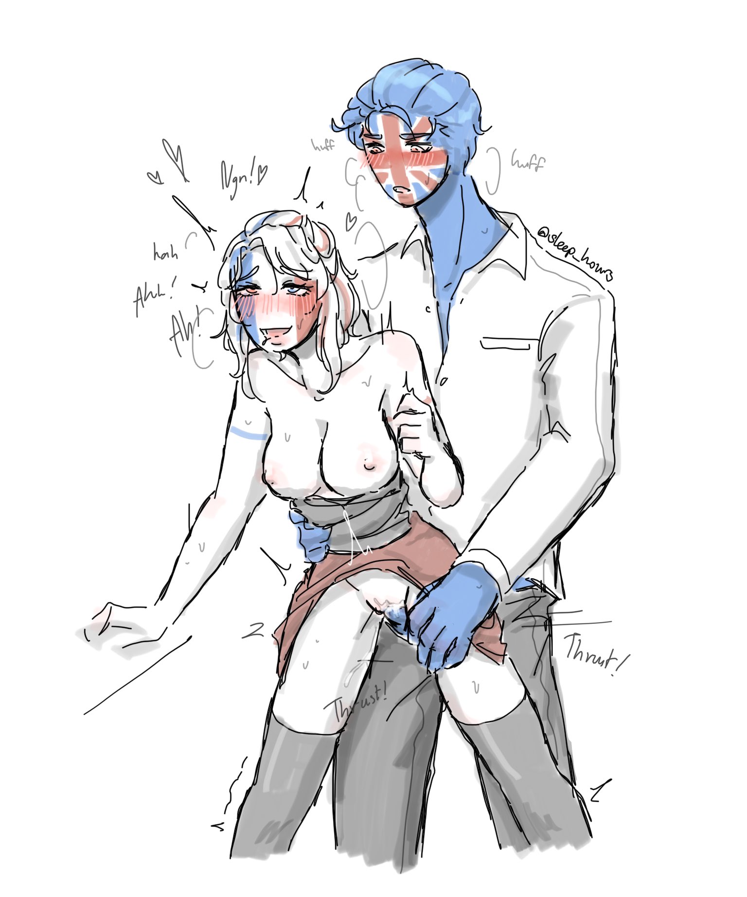 1boy, 1girls, breasts, countryhumans, countryhumans girl, cum, cum in pussy, cum inside, female, france (countryhumans), male, pussy, sleep hours, straight, united kingdom (countryhumans), vaginal penetration