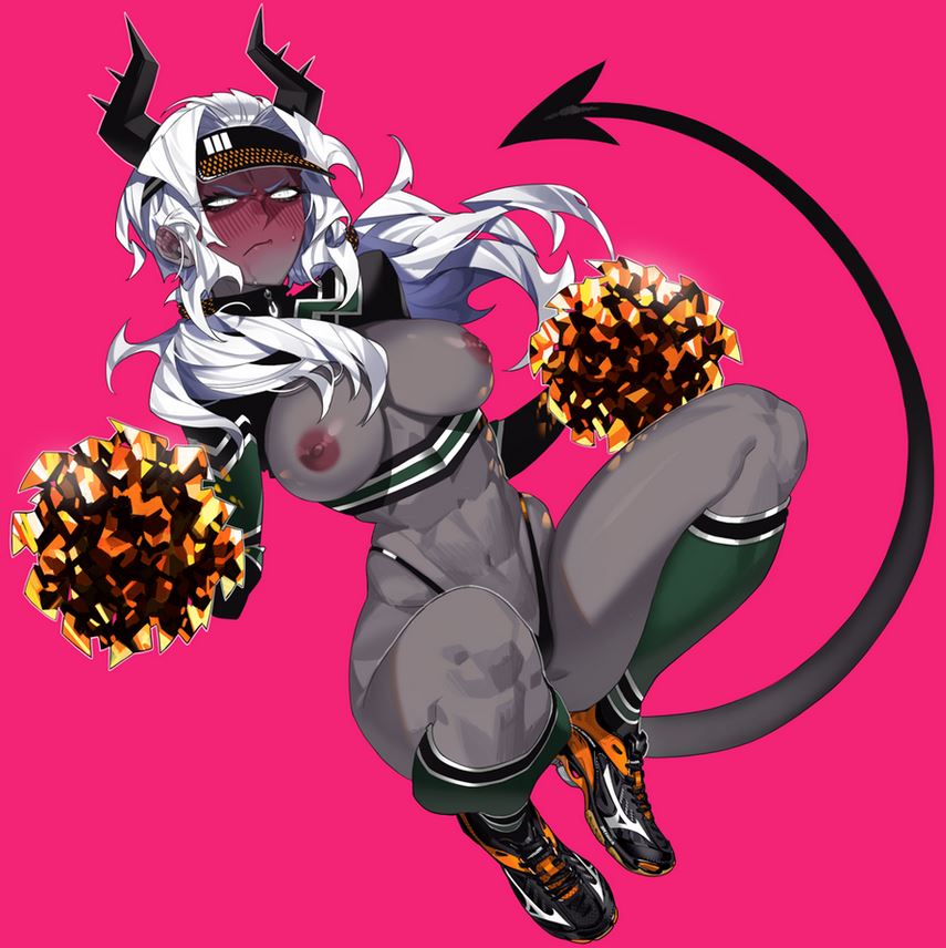 1girls 2d 2d_(artwork) abs angry angry_face areolae ass athletic athletic_female big_hips black_horns black_sneakers black_tail black_thong blush blush_lines blushing blushing_at_viewer breasts cheerleader cheerleader_outfit cheerleader_uniform color colored dark-skinned_female dark_skin demon demon_girl demon_horns demon_tail disgusted_expression ear_blush exposed_areolae exposed_breasts exposed_nipples eyelashes female female_focus female_only fit_female gaak green_socks hair helltaker hips judgement_(helltaker) long_hair looking_at_viewer nipples pink_background pom_pom_(cheerleading) pom_poms ponytail ponytails simple_background sneakers socks solo solo_female sweat sweatdrop thigh_socks tits uncensored underwear white_eyes white_hair