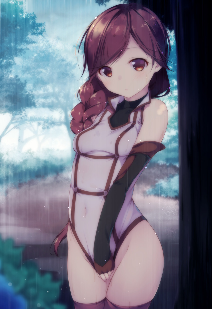 bad_id bad_pixiv_id blurry blurry_background blush bottomless braid breasts brown_eyes covering covering_crotch cowboy_shot cute day detached_sleeves female hai_to_gensou_no_grimgar hair_over_shoulder highres long_hair looking_at_viewer nature outdoors photoshop_(medium) rain raining red_hair shirt shirt_tug shokuyou_mogura single_braid skin_tight skindentation sleeveless sleeveless_shirt small_breasts solo thighhighs tree undersized_clothes wet yume_(grimgar)