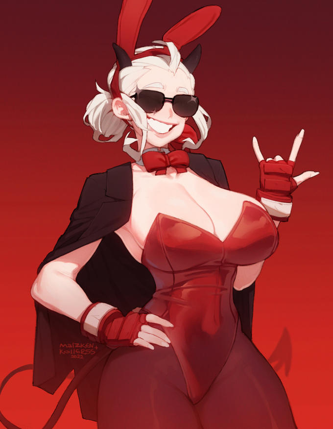 1girls, breasts, bunny ears, bunnysuit, cleavage, female, helltaker, justice (helltaker), smile, smiling, sunglasses, teeth, tinted eyewear