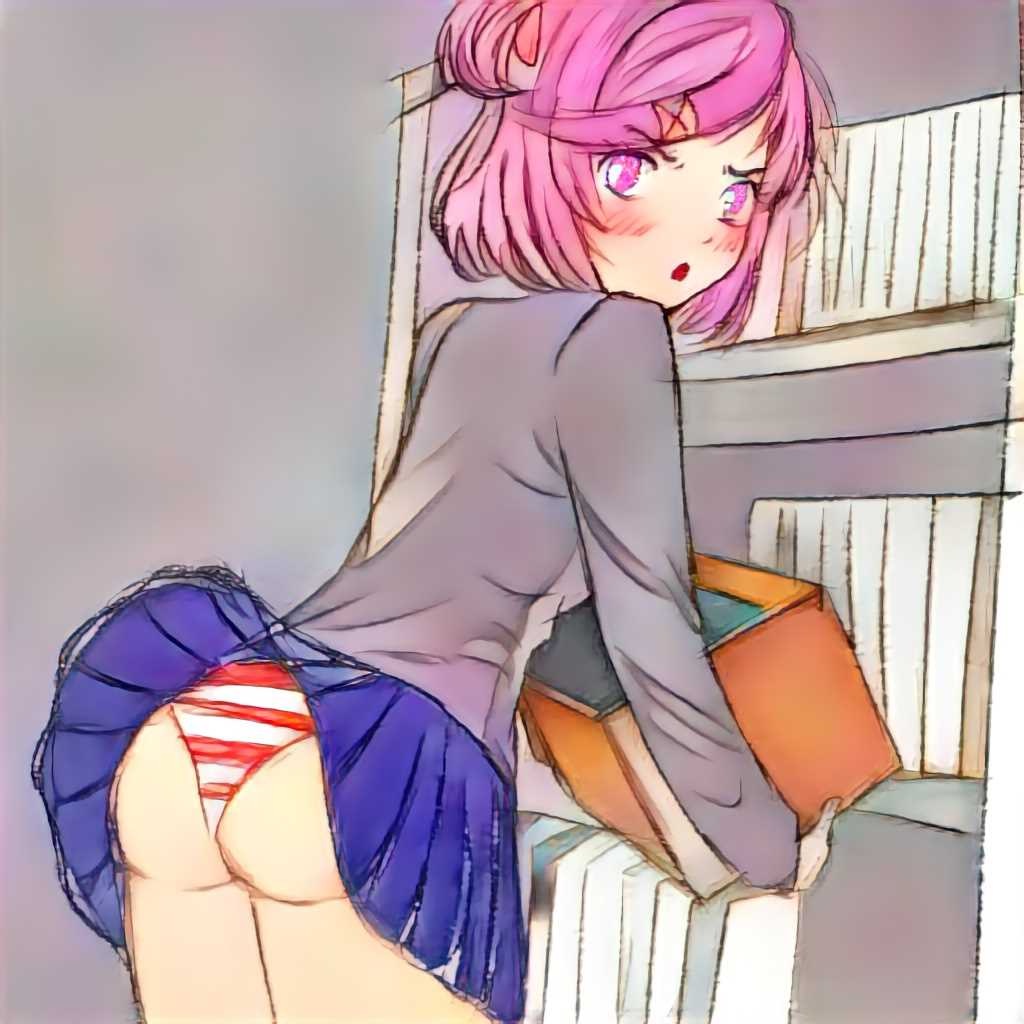 anonymous_artist ass blue_skirt doki_doki_literature_club looking_at_viewer matching_hair/eyes natsuki_(doki_doki_literature_club) pale-skinned_female panties pink_eyes pink_hair red_and_white_panties red_panties school_uniform schoolgirl shimapan skirt skirt_up solo striped_panties two_tone_panties