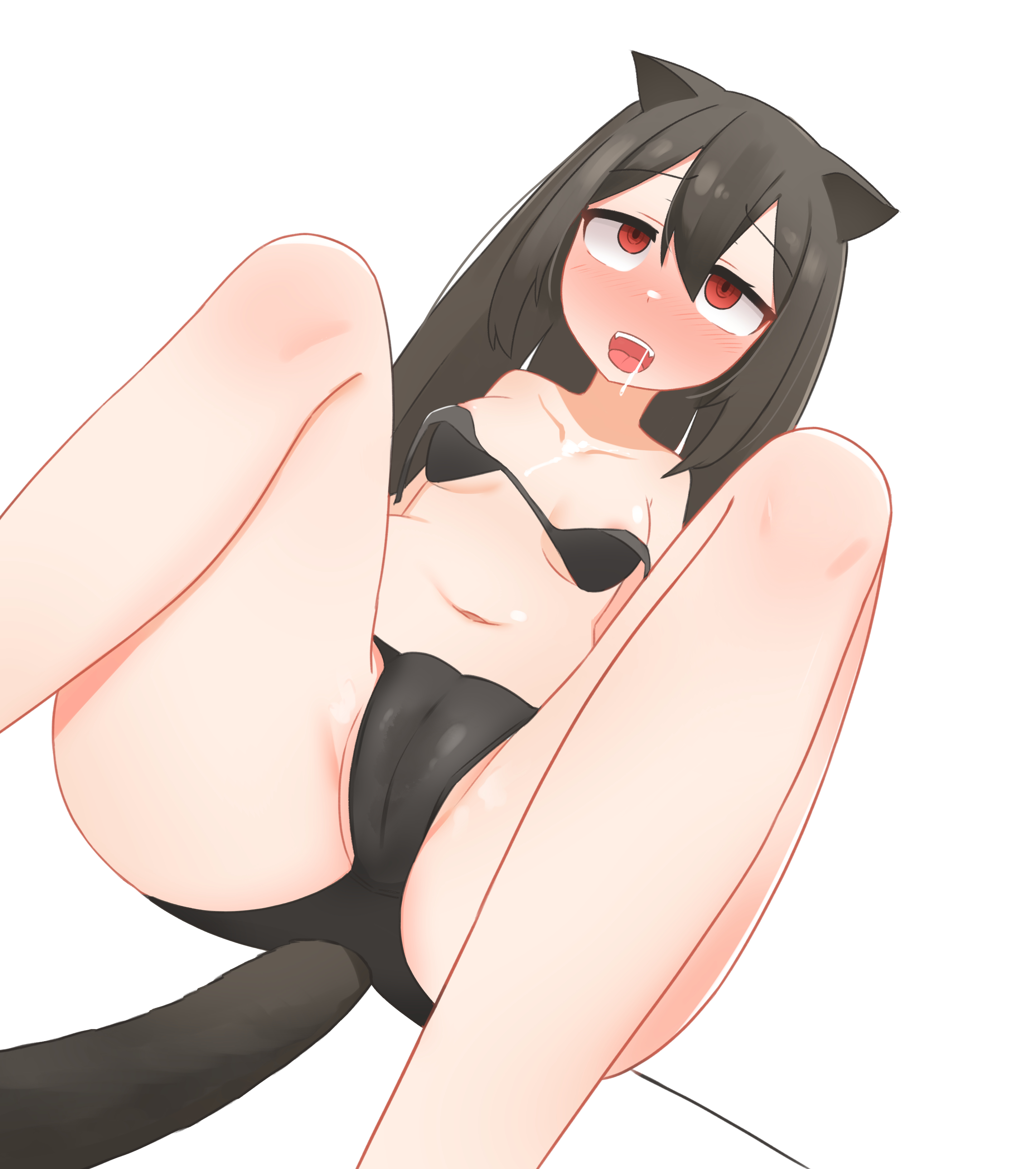 ahe gao, animal ears, bikini, black hair, blush, breasts, cameltoe, cat ears, cat girl, cat tail, catgirl, daebom, eyebrows visible through hair, eyes rolling back, fangs, female, high resolution, highres, kemonomimi, long hair, nekomimi, puma (daebom), pussy, red eyes, saliva string, small breasts, tail, war thunder, wet panties