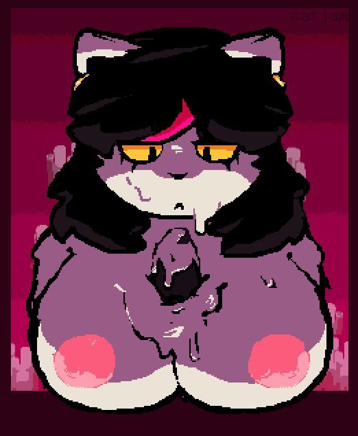 anthro, black hair, bodily fluids, breast play, breasts, catjam (artist), catti (deltarune), cum, cum on breasts, cum on face, cum on penis, deltarune, ear piercing, ear ring, felid, feline, female, fur, genital fluids, genitals, hair, looking at genitalia, looking at penis, male, male/female, mammal, nipples, paizuri, penis, piercing, ring piercing, sex, solo, titjob, undertale (series), video games, white body, white fur, yellow eyes, yellow sclera