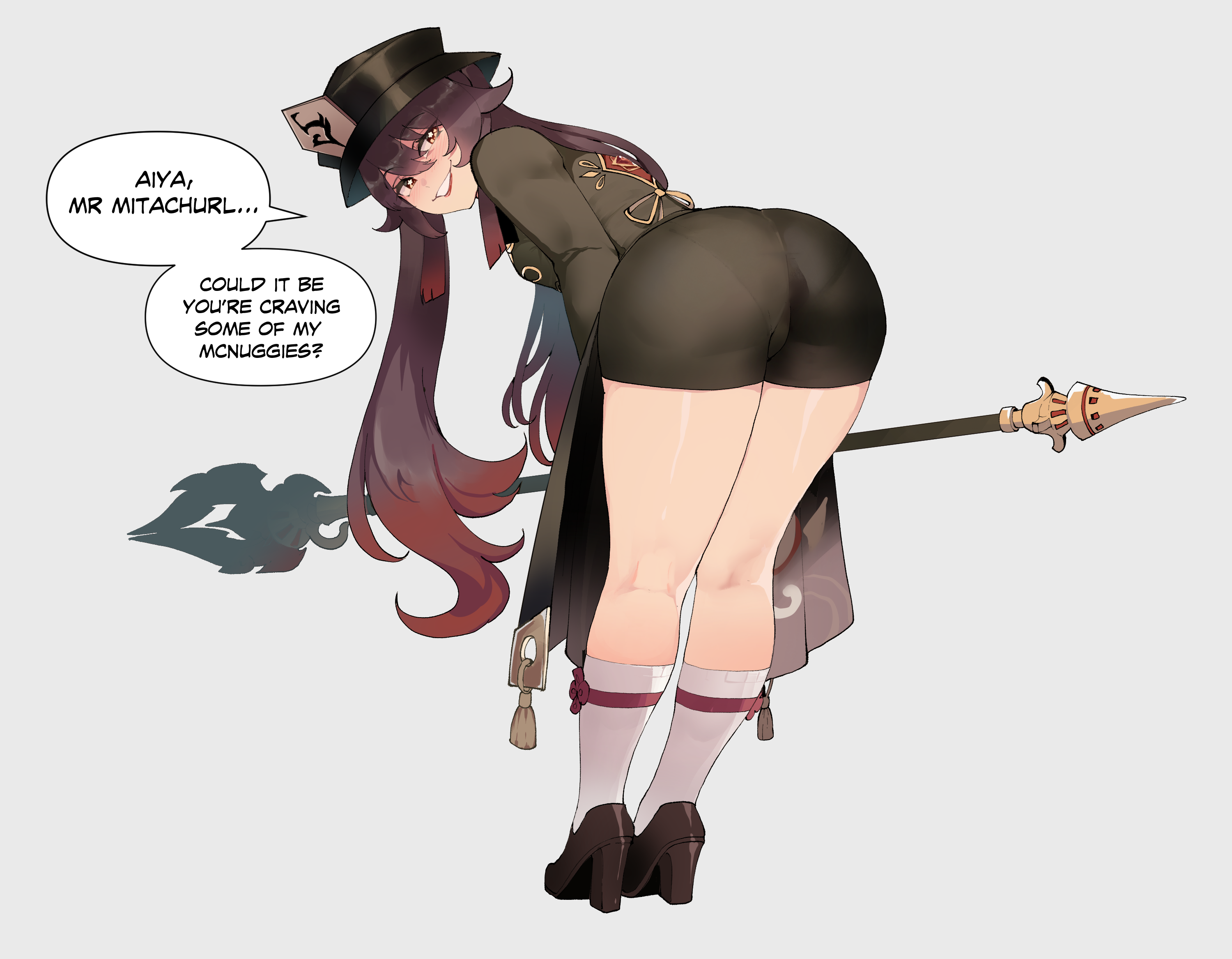 1girls, 2d, ass, ass focus, bent over, big ass, big butt, english text, female, female only, genshin impact, hat, high heels, hu tao (genshin impact), light skin, light-skinned female, long hair, looking at viewer, looking back, pale skin, pale-skinned female, panties showing, pantylines, polearm, shoes, shorts, socks, solo, text, text bubble, thiccwithaq, thick, thick ass, thick thighs, twintails, voluptuous
