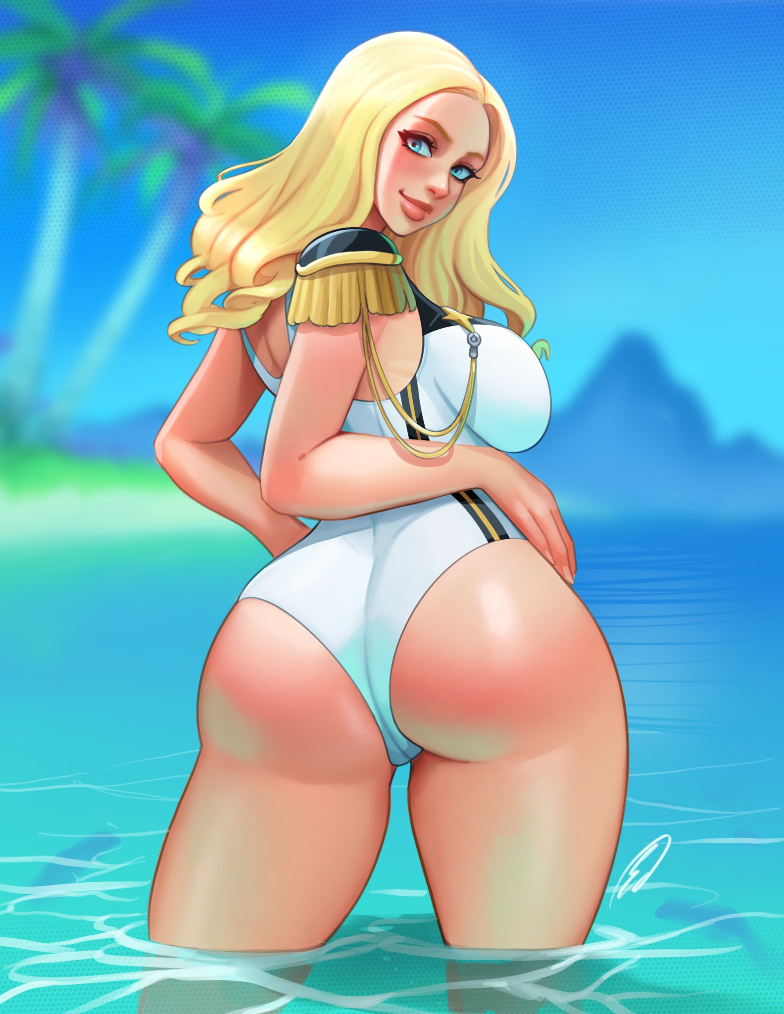 1girls, alternate costume, alternate hairstyle, ass, beach, big lips, black swimsuit, blonde female, blonde hair, blue eyes, breasts, edemevas, epaulettes, eyebrows, eyelashes, female, from behind, hands on hips, huge ass, kolin (street fighter), large breasts, lips, looking at viewer, looking back, medium hair, mountain, ocean, one-piece swimsuit, palm tree, sky, solo, standing, street fighter, street fighter v, swimsuit, thick lips, thick thighs, thighs, two-tone swimsuit, water, white swimsuit, wide hips