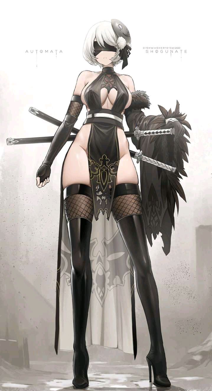 big breasts, blindfold, breasts, dishwasher1910, female, katana, nier: automata, square enix, white hair, yorha 2b
