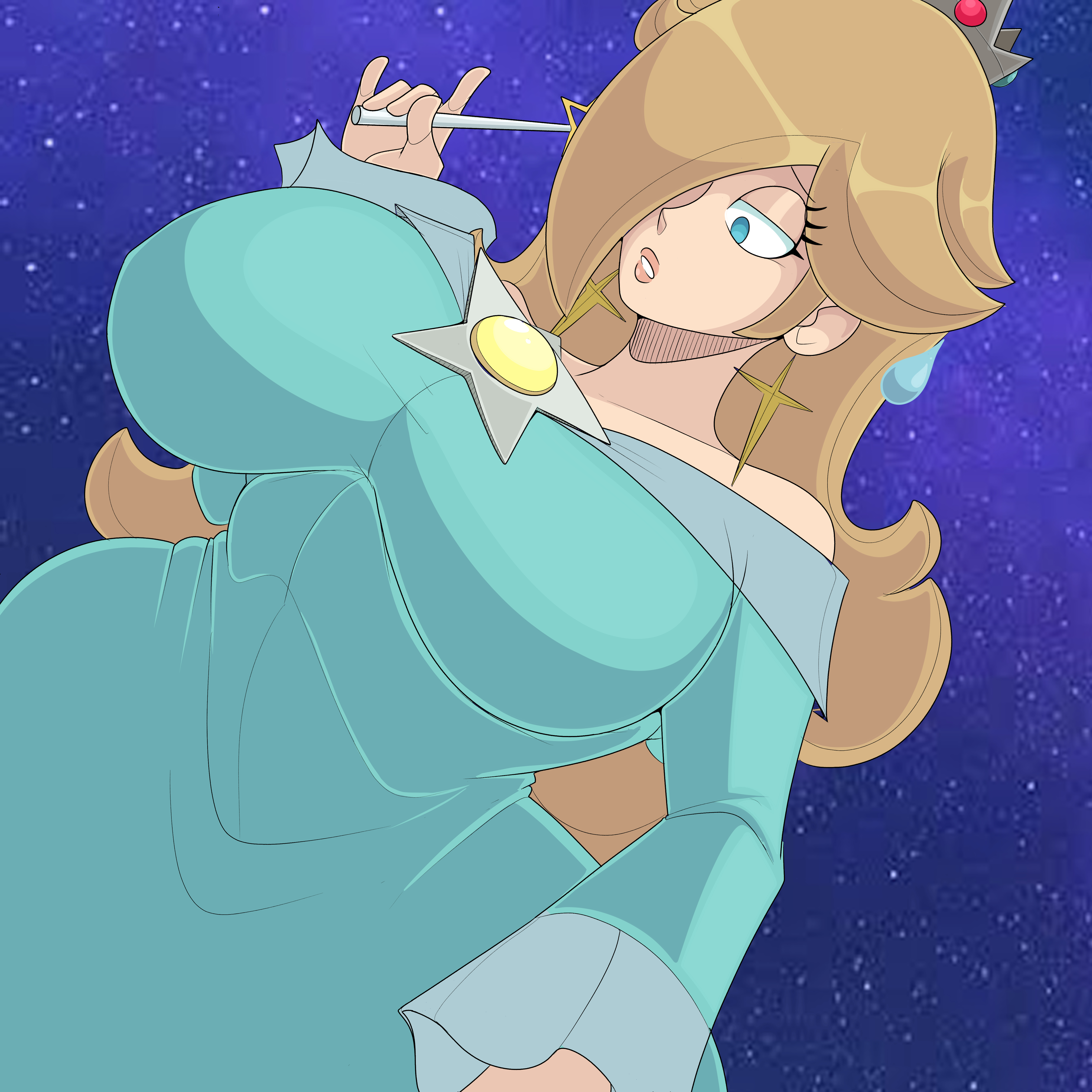 1girls, absurd res, absurdres, bare shoulders, big breasts, blue eyes, breasts, brooch, busty, clothed, clothing, crown, curvy, cyan dress, dress, earrings, female, female focus, female only, hair over one eye, half-closed eyes, hi res, high resolution, highres, large breasts, light skin, light-skinned female, lips, lipstick, long hair, long sleeves, looking down, mario (series), mature, mature female, milf, narrowed eyes, nintendo, platinum blonde hair, princess rosalina, saltynoodles, solo, solo female, solo focus, space background, star earrings, super mario galaxy, sweatdrop, tagme, thick, thick hips, thick thighs, voluptuous, wand, wide hips