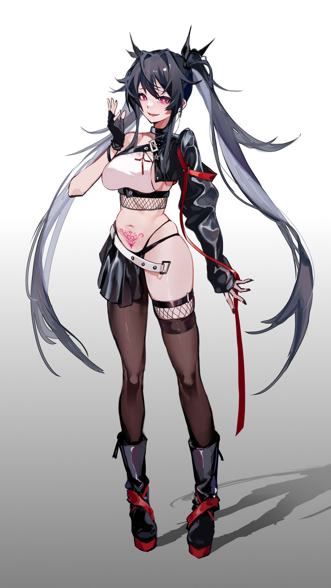 1girls, arm at side, asymmetrical legwear, bangs, bare shoulders, belt, black footwear, black gloves, black nails, black panties, black skirt, black thighhighs, boots, breasts, brown thighhighs, chains, commentary, crop top, cross, female, female only, fingerless gloves, fishnet legwear, fishnets, full body, gloves, gradient, gradient background, hand up, heart, heart-shaped pupils, highleg, highleg panties, highres, jiuyesang, knee boots, large breasts, long hair, long sleeves, looking at viewer, multi-strapped panties, navel, original, panties, pentagram, pink eyes, pubic tattoo, red eyes, red ribbon, revealing clothes, ribbon, sideboob, sidelocks, single bare shoulder, single sleeve, skindentation, skirt, smile, solo, standing, symbol-shaped pupils, tattoo, thighhighs, twintails, underwear, very long hair, zipper pull tab