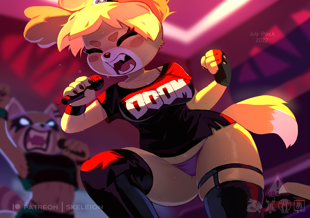 2022, 2girls, aggressive retsuko, aggretsuko, animal crossing, bethesda softworks, big breasts, breasts, crossover, doom, female, female only, female/female, isabelle (animal crossing), multiple females, multiple girls, nintendo, retsuko, sanrio, skeleion, straight hair