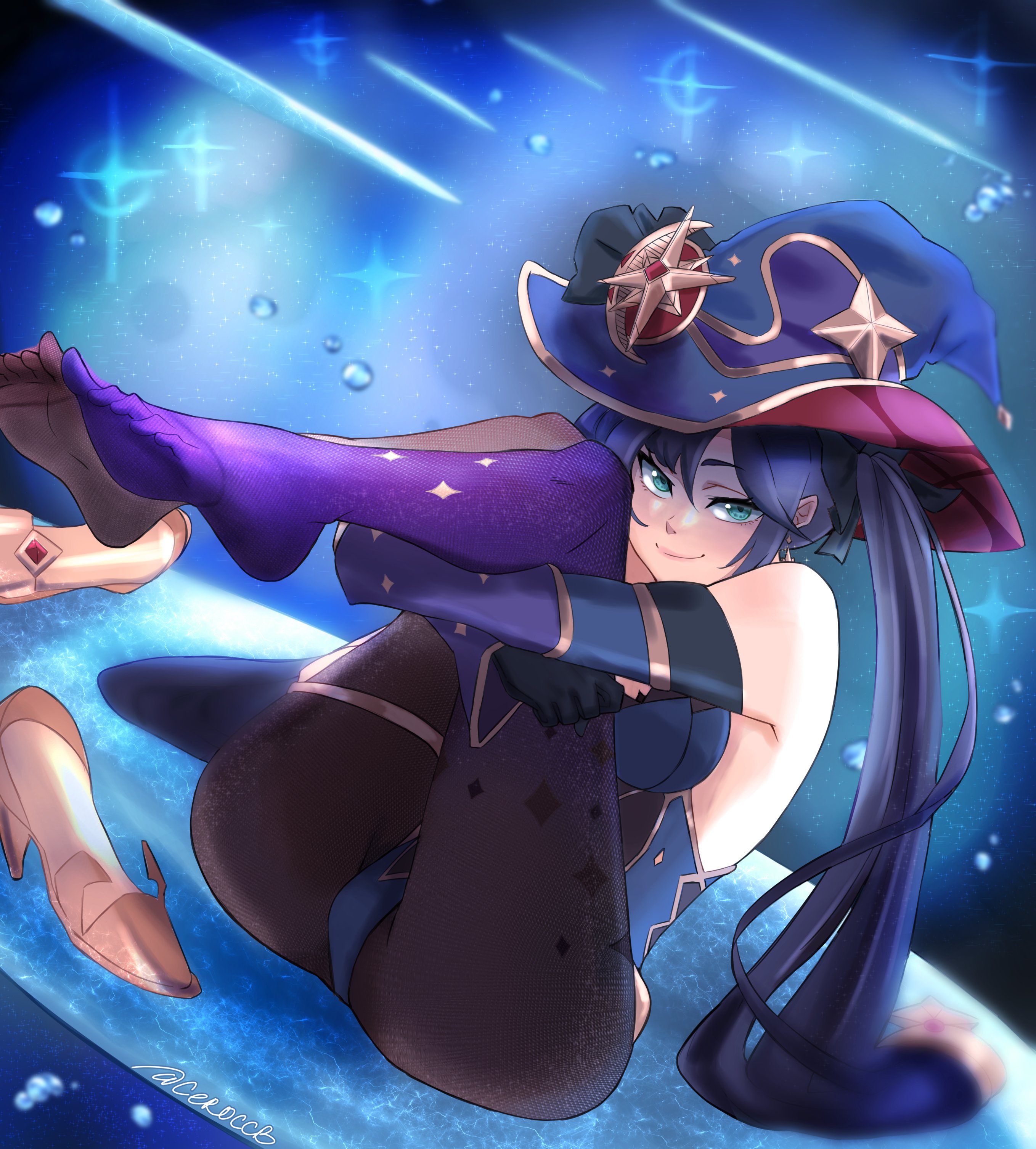 1girls, ceroccb, feet, feet in stockings, feet up, female, genshin impact, half-closed eyes, heels removed, high heels, looking at viewer, mona (genshin impact), shoes removed, smile, smug, solo, stockings, tagme, witch hat