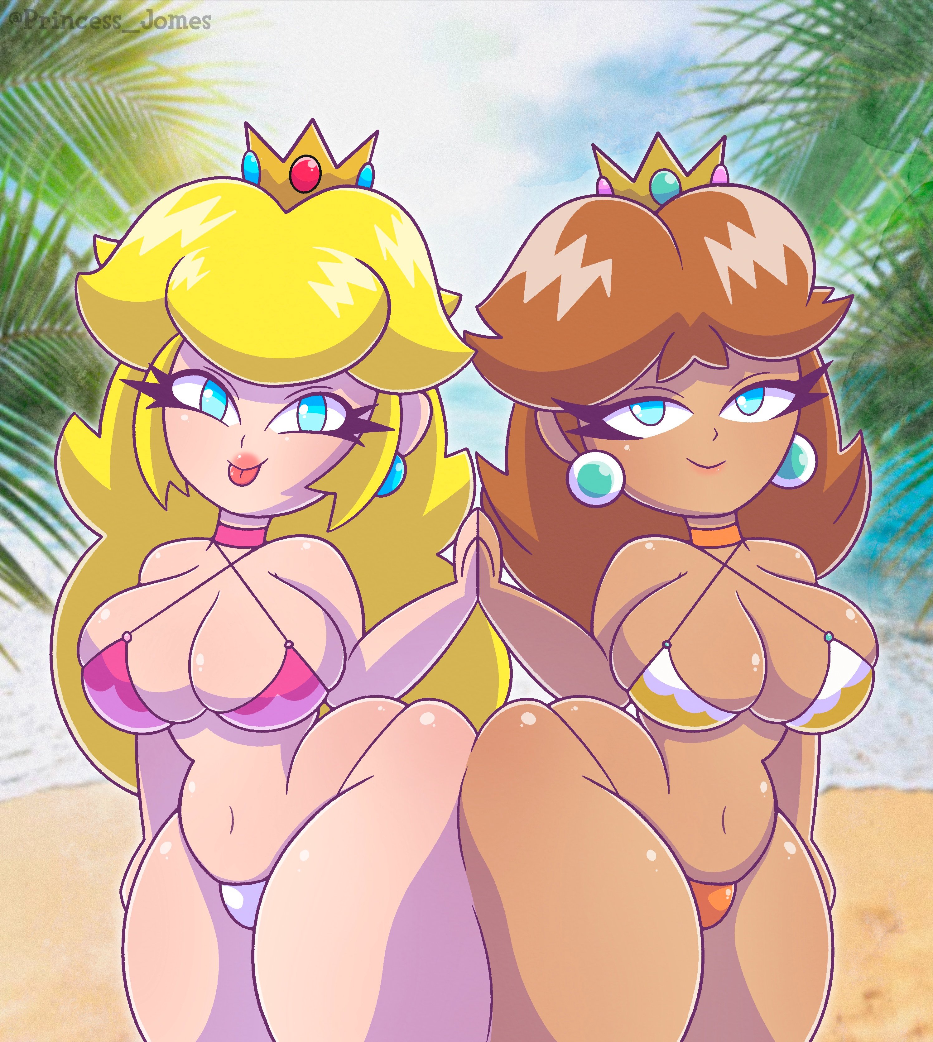2girls, ass, ass to ass, beach, big ass, big breasts, bikini, bikini bottom, bikini top, blonde hair, blue eyes, breasts, brown hair, bubble ass, bubble butt, cleavage, crown, curvaceous, curvy, earrings, female, female only, hair, hips, huge ass, huge breasts, large ass, large breasts, lips, lipstick, long hair, mario (series), nintendo, palm tree, pink lips, pink lipstick, princess daisy, princess jomes, princess peach, seductive, seductive female, seductive look, swimsuit, swimwear, thick lips, thick thighs, thighs, tongue, tongue out, wide hips
