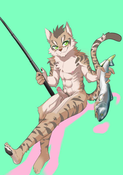 anthro blacktofu felid feline fish fur genitals green_eyes leopard_cat male mammal marine nekojishi nude penis prionailurus shu-chi solo studio_klondike video_games visual_novel