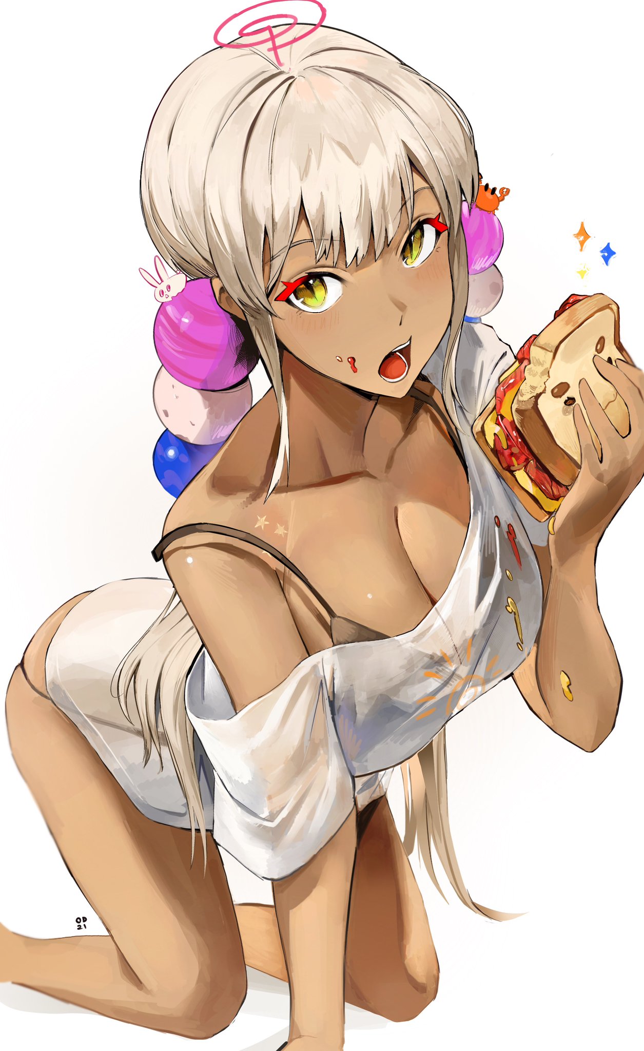 1girls animal_on_head big_breasts black_bra black_panties bra breasts cleavage collarbone dark-skinned_female dark_skin eating food hair_ornament hololive hololive_english hololive_english_-council- jelly large_breasts long_hair looking_at_viewer no_pants no_sex odyssey_21 on_all_fours only_female open_mouth panties rabbit rabbit_on_head sandwich sandwiched shiny shiny_skin shirt simple_background solo solo_female solo_focus strap_slip teeth thighs tongue tsukumo_sana twintails underwear virtual_youtuber white_background white_shirt yellow_eyes