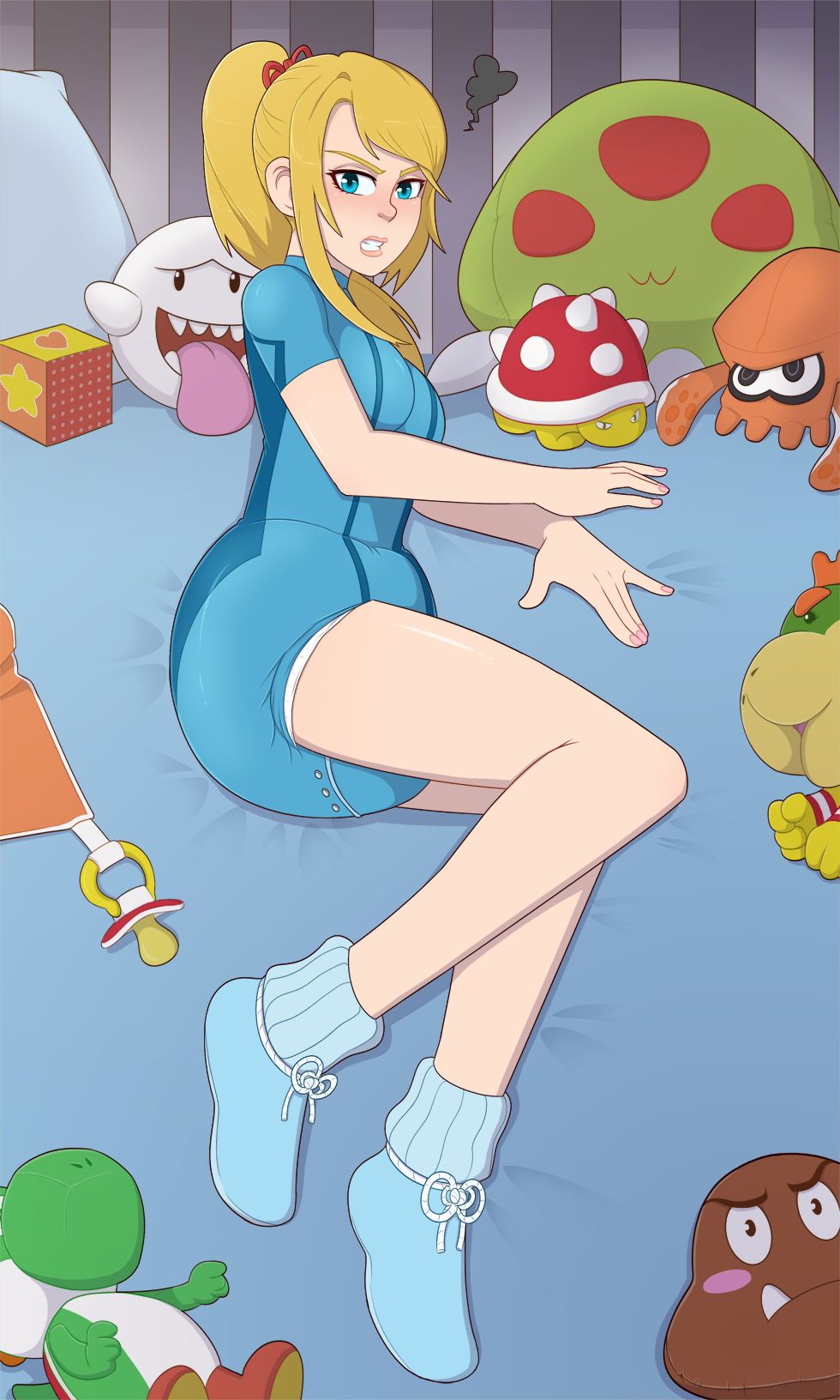 block blonde_hair blue_eyes blue_onesie blue_socks boo_(mario) bow_in_hair bowser_jr. breasts crib diaper diaper_under_clothing female female_only goomba inkling mario_(series) medium_breasts metroid metroid_(creature) nintendo onesie pacifier pieceofsoap pillow pink_nails plushie ponytail samus_aran socks spiny yoshi zero_suit