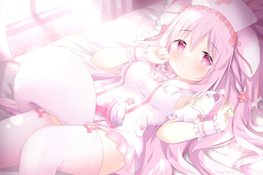 1girls bed_sheet binaural_microphone blush dog_ears dog_girl dog_humanoid dog_tail eyebrows_visible_through_hair female flower_hair_ornament fluffy_tail frilled_pillow garter_straps hair_between_eyes hanamin highres holding_object indie_virtual_youtuber indoors laying_on_bed light_pink_hair long_hair looking_at_viewer mimikaki miniskirt nurse_cap nurse_uniform pillow pink_eyes renew_vivi sideboob sleeveless smile solo stockings tagme thighhighs virtual_youtuber window window_light wrist_cuffs