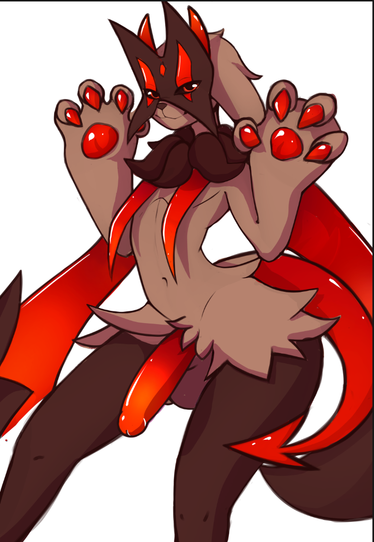 alternate_color anthro black_sclera cape claws claws_out clothing generation_9_pokemon genitals horn male male_meowscarada mask meowscadevi meowscarada multicolored_penis nintendo pawpads paws penis petals pokémon_(species) pokemon pokemon_(species) pokemon_sv raised_claws raised_paw red_eyes smile solo spade_tail syncbanned two_tone_penis wide_hips