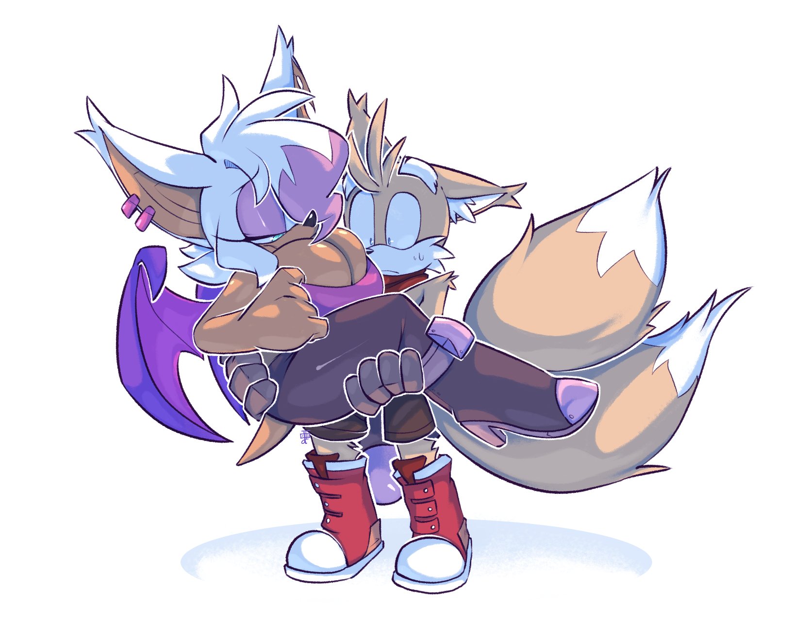 anthro, bat, bigdad, bottomwear, carrying partner, clothing, female, footwear, fox, furry, handwear, male, neckwear, older female, princess carry, rouge the bat, smaller female, sonic (series), sonic the hedgehog (series), tails, tails the fox, taller female, younger male