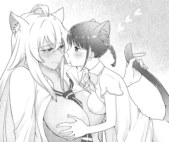 2girls animal_ears bangs bits_(damoshi) blonde_hair blush braid breasts breasts_out cat_ears cat_hair_ornament cat_tail clothing_aside couple gyaru hair_ornament large_breasts long_hair loose_necktie multiple_girls necktie nipples no_bra puffy_nipples red_hair shikishima_mirei short_twintails tail tokonome_mamori twin_braids twintails valkyrie_drive valkyrie_drive_-mermaid- yuri