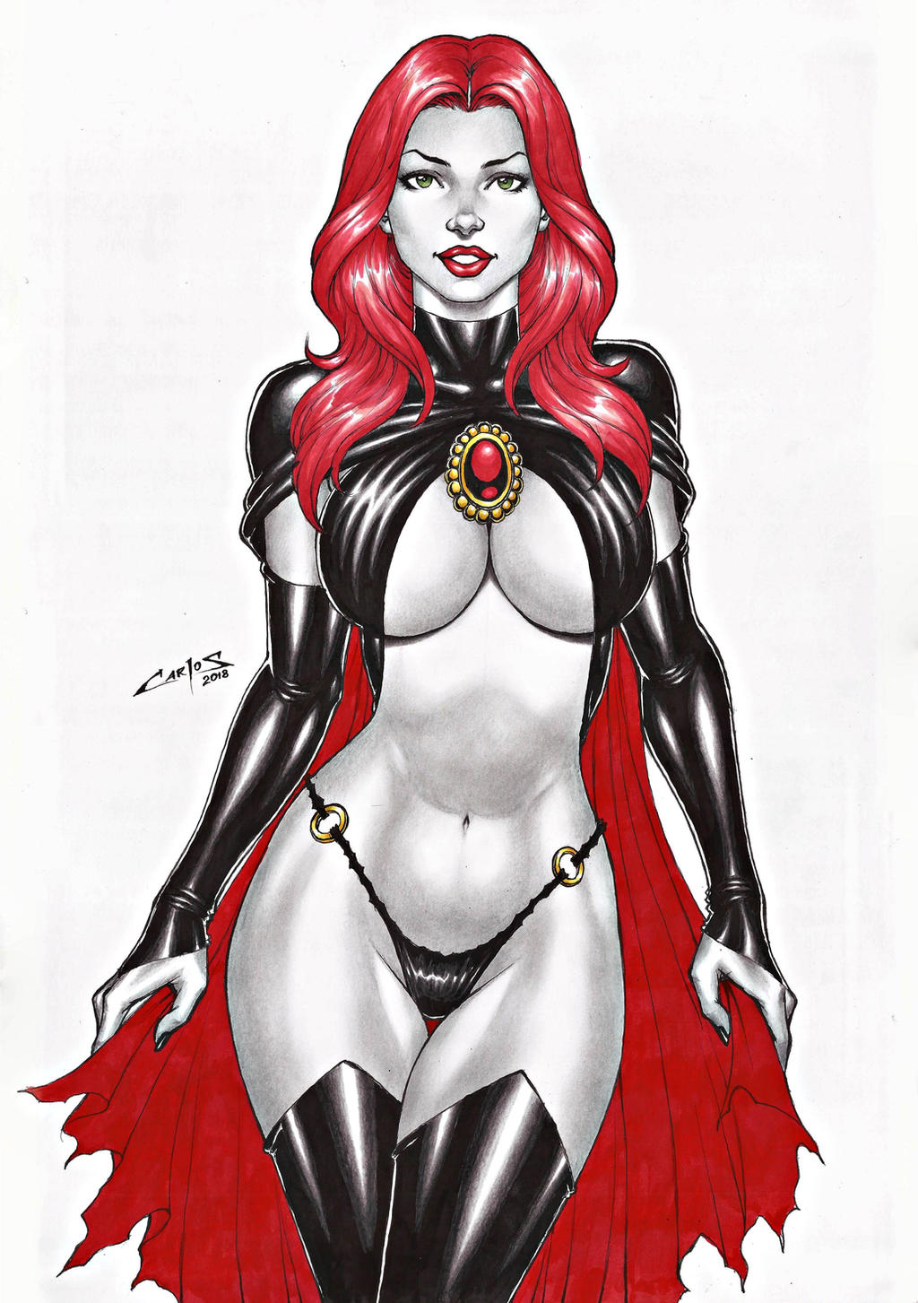 1girls, 2018, big breasts, breasts, cape, carlos braga, clone, dominant female, ed benes studio, female, female only, femme fatale, goblin queen (x-men), hellfire club, human, human only, latex bra, latex gloves, latex thighhighs, latex thong, light skin, light-skinned female, long hair, looking at viewer, madelyne pryor, marvel, marvel comics, red hair, red lipstick, skin tight, solo female, solo focus, x-men