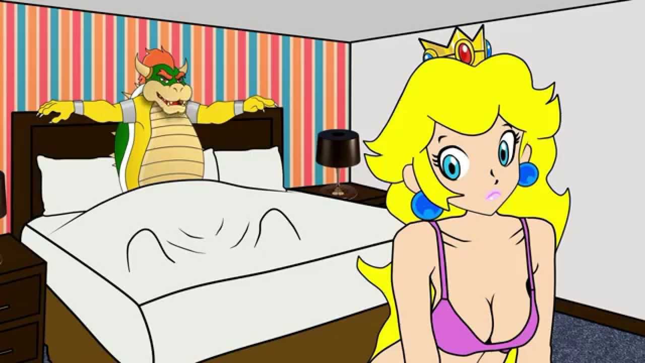 1boy 1girls bikini blonde_hair blue_eyes bowser breasts cartoon_hook-ups crown earrings female female_human light-skinned_female light_skin lips lipstick long_hair male male_anthro male_anthro/female_human mario_(series) medium_breasts motel nintendo pink_lipstick princess_peach tagme underwear winky_dink_media