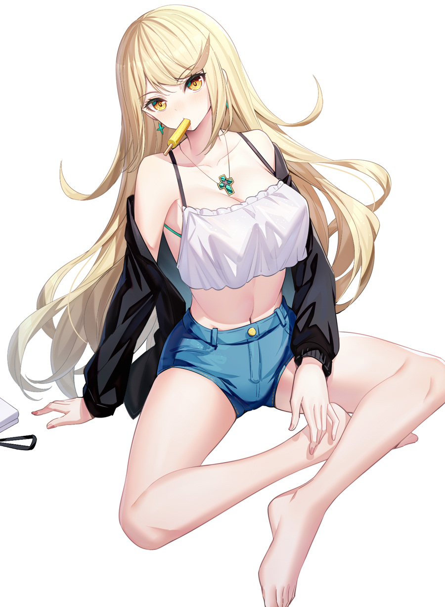 2020s 2022 barefoot blonde_hair blue_bottomwear bra_strap casual casual_clothes christian crop_top denim denim_shorts earrings jacket jean_shorts long_hair midriff mythra necklace nintendo popsicle popsicle_in_mouth relaxing ririko_(zhuoyandesailaer) shorts tomboy xenoblade_(series) xenoblade_chronicles_2 yellow_eyes