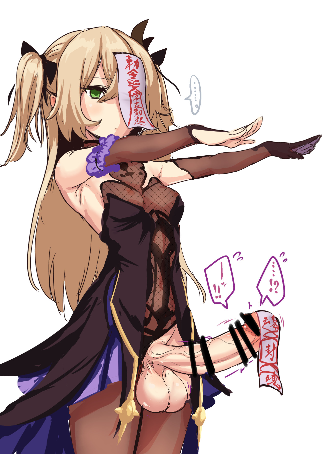 1futa, balls, bar censor, big balls, big penis, black gloves, blank eyes, blonde hair, calpish, censored, clothed, clothing, emotionless, erection, expressionless, fischl (genshin impact), futa only, futanari, genshin impact, gloves, green eyes, human, hypnosis, intersex, jiangshi, light skin, light-skinned futa, long hair, mind control, mostly clothed, penis, solo, standing, twintails