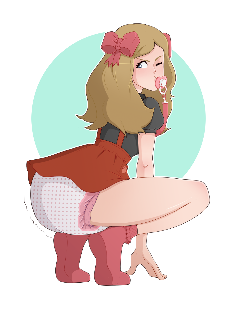 abdl black_shirt bow bow_in_hair brown_hair brown_hair crouching diaper diaper_under_clothing grey_eyes long_hair nintendo one_eye_closed overall_skirt overalls pacifier pieceofsoap pokemon pokemon_xy red_overalls red_socks serena_(pokemon) socks