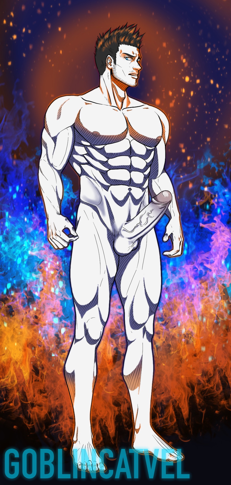 abs endeavor_(my_hero_academia) enji_todoroki erect_penis erection fire goblincatvel male male_only muscles muscular muscular_male my_hero_academia naked naked_male nude pecs penis solo_male superhero testicles thick_thighs uncensored veiny_penis