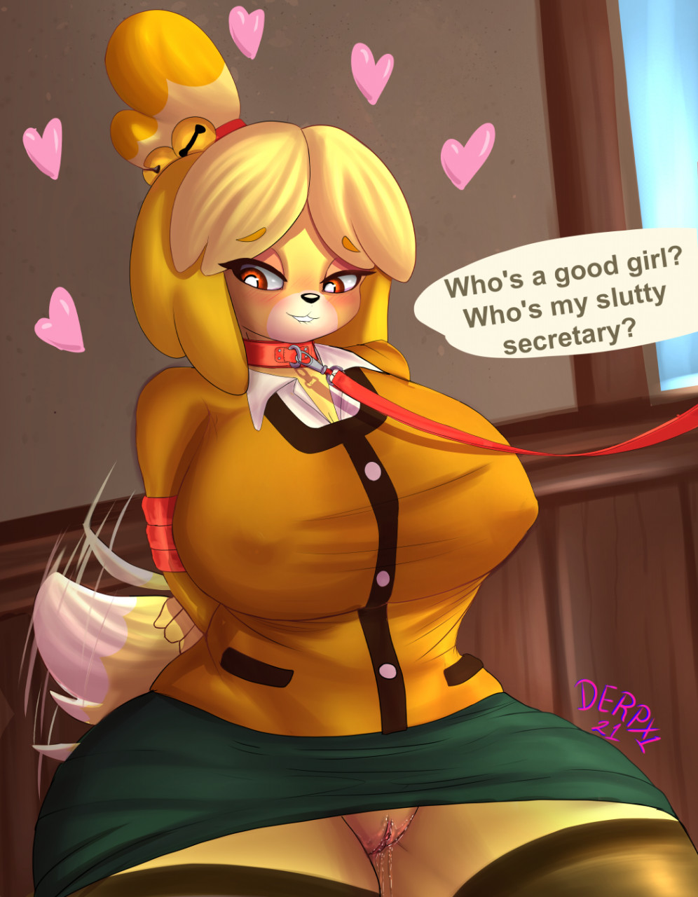 1girls 2d animal_crossing anthro arms_tied_behind_back breasts canine collar derpx1 dog_ears dog_tail dripping fully_clothed furry happy_sub hearts hearts_around_head huge_breasts isabelle_(animal_crossing) large_breasts leash nintendo nipple_bulge no_panties office_lady pet_play petplay red_eyes shih_tzu skirt tailwag text text_bubble wet wet_pussy