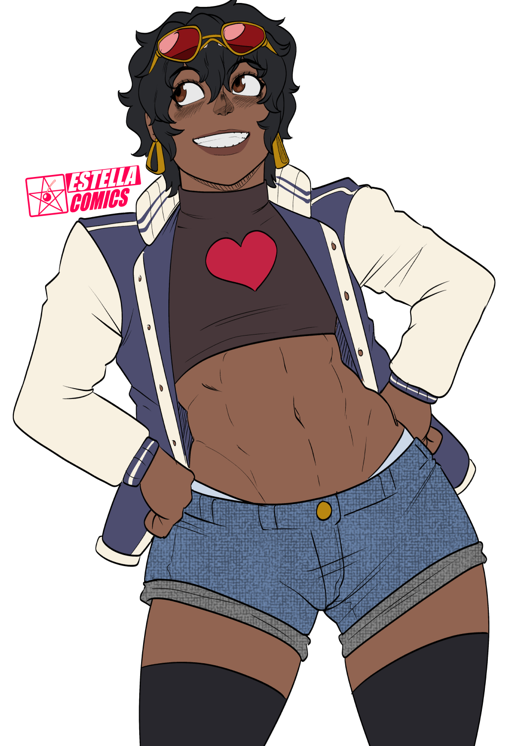 1boy 1male black_hair dark-skinned_femboy dark-skinned_male dark_skin earrings estella_comics eyewear_on_head femboy grin male_only mannyestella mrestella revealing_clothes robbie_(mrestella) smile sunglasses sunglasses_on_head trap