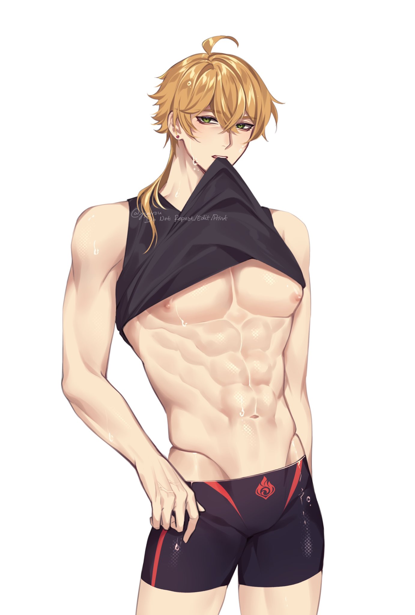 abs big_breasts blonde_hair breasts eight_pack fit fit_male genshin_impact male_only muscles muscular muscular_male nipples rourouki shirt shirt_bite shirt_in_mouth shirt_lift shirt_up thoma_(genshin_impact) toned toned_body toned_male wet wet_skin