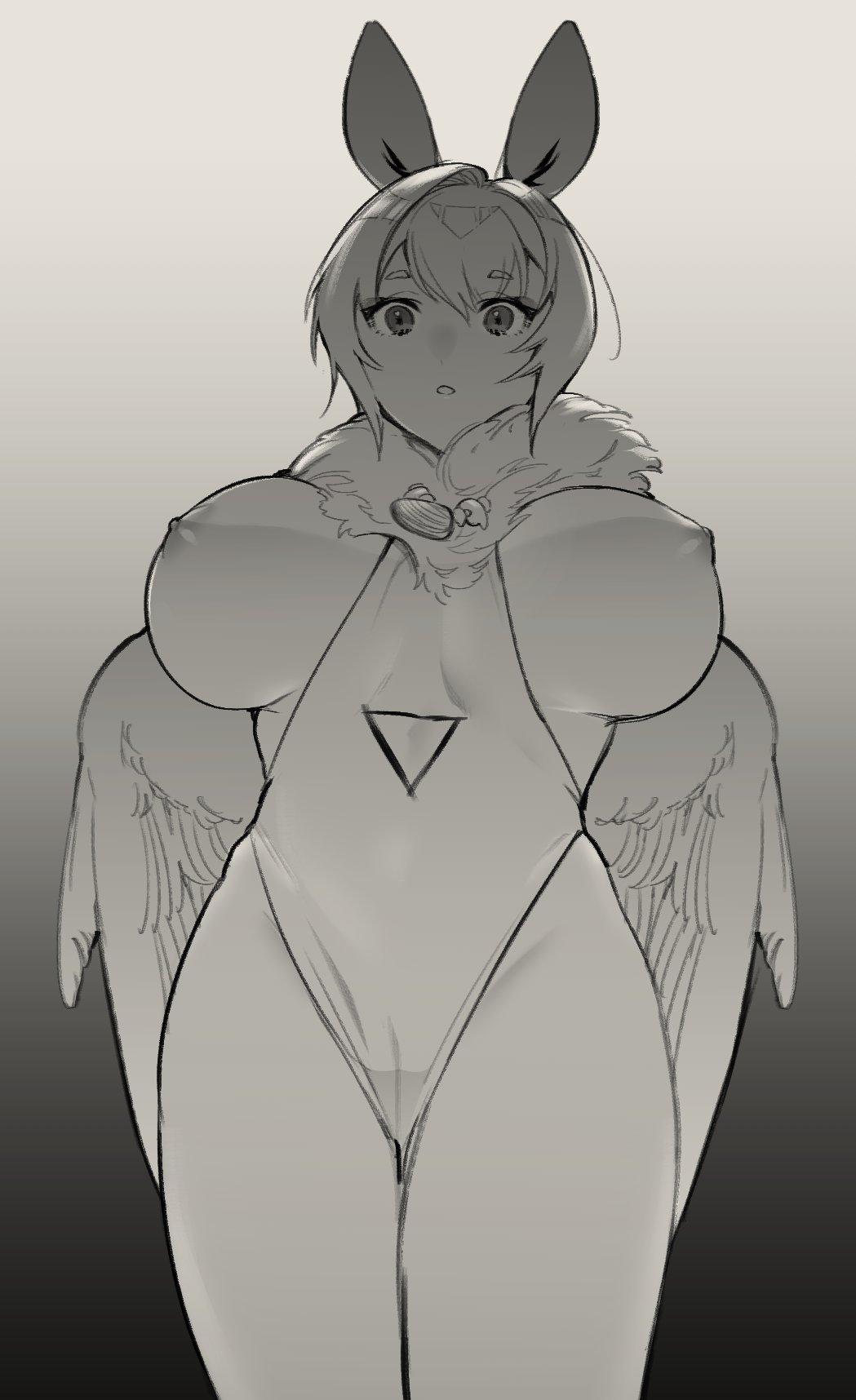 bangs bow breasts breasts_out center_opening feathered_wings gradient gradient_background greyscale hairbow harpy highleg highleg_leotard highres large_bow large_breasts leotard missgestalt monochrome monster_girl neck_ruff nipples original parted_lips short_hair winged_arms wings