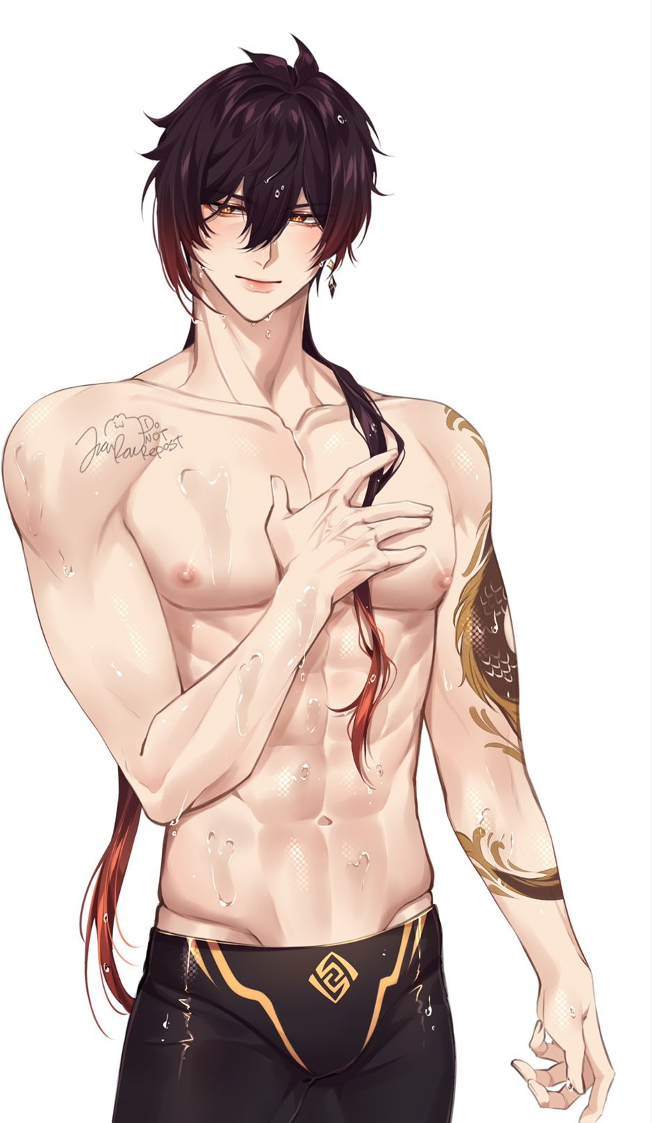 abs big_breasts breasts dragon_tattoo eight_pack fit fit_male genshin_impact god long_hair male_only muscles muscular muscular_male nipples rourouki shoulders tattoo tattooed_arm tattoos tight_shorts toned toned_body toned_male wet wet_skin zhongli_(genshin_impact)