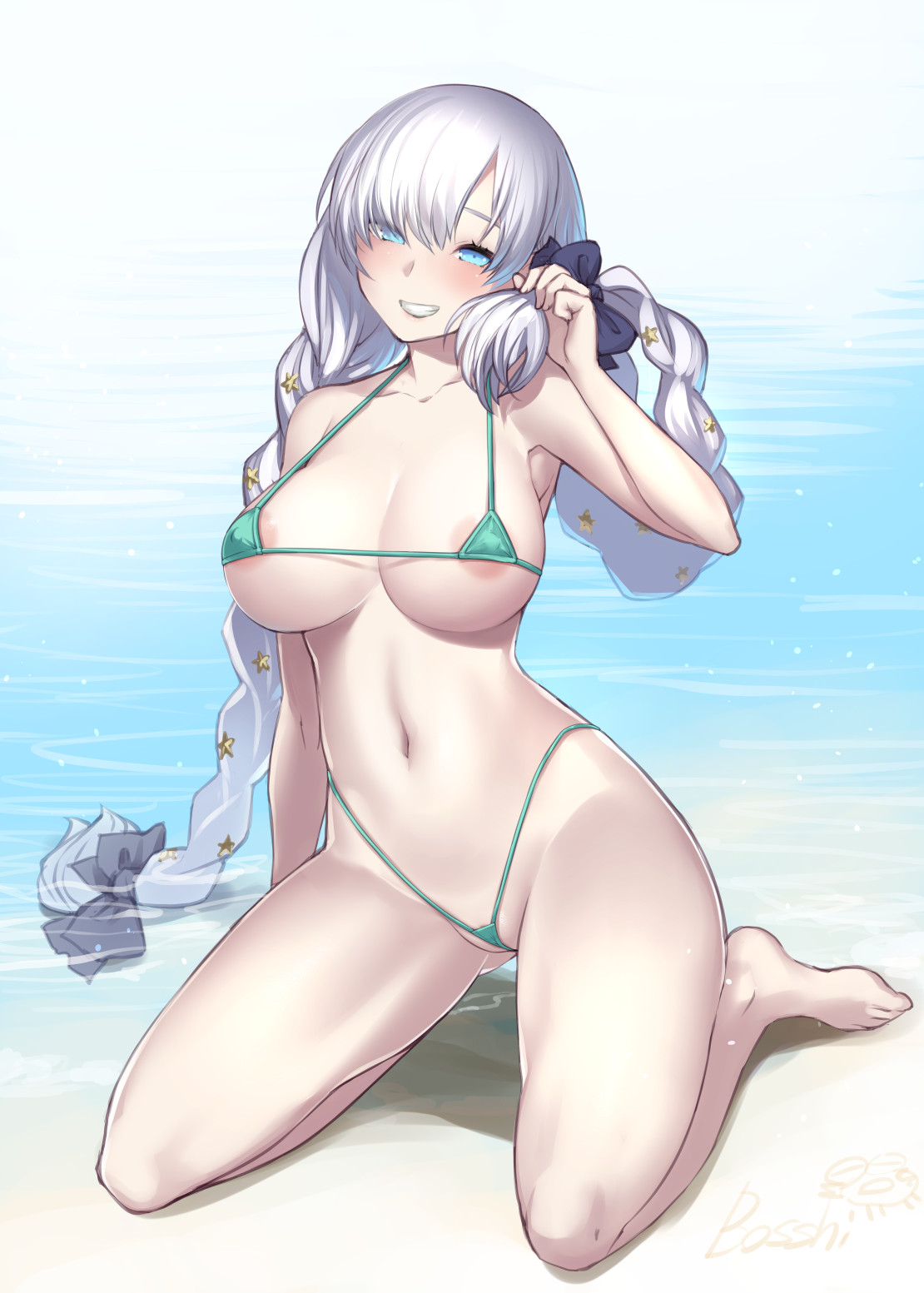anastasia (fate), anastasia (swimsuit archer) (fate), areola slip, bangs, bare shoulders, beach, bikini, blue eyes, blush, bosshi, bow, braid, breasts, collarbone, covered erect nipples, fate (series), fate/grand order, female, green bikini, grin, hair over one eye, hairbow, highres, large breasts, long hair, looking at viewer, micro bikini, navel, shore, sitting, smile, solo, swimsuit, twin braids, very long hair, wariza, wet, white hair