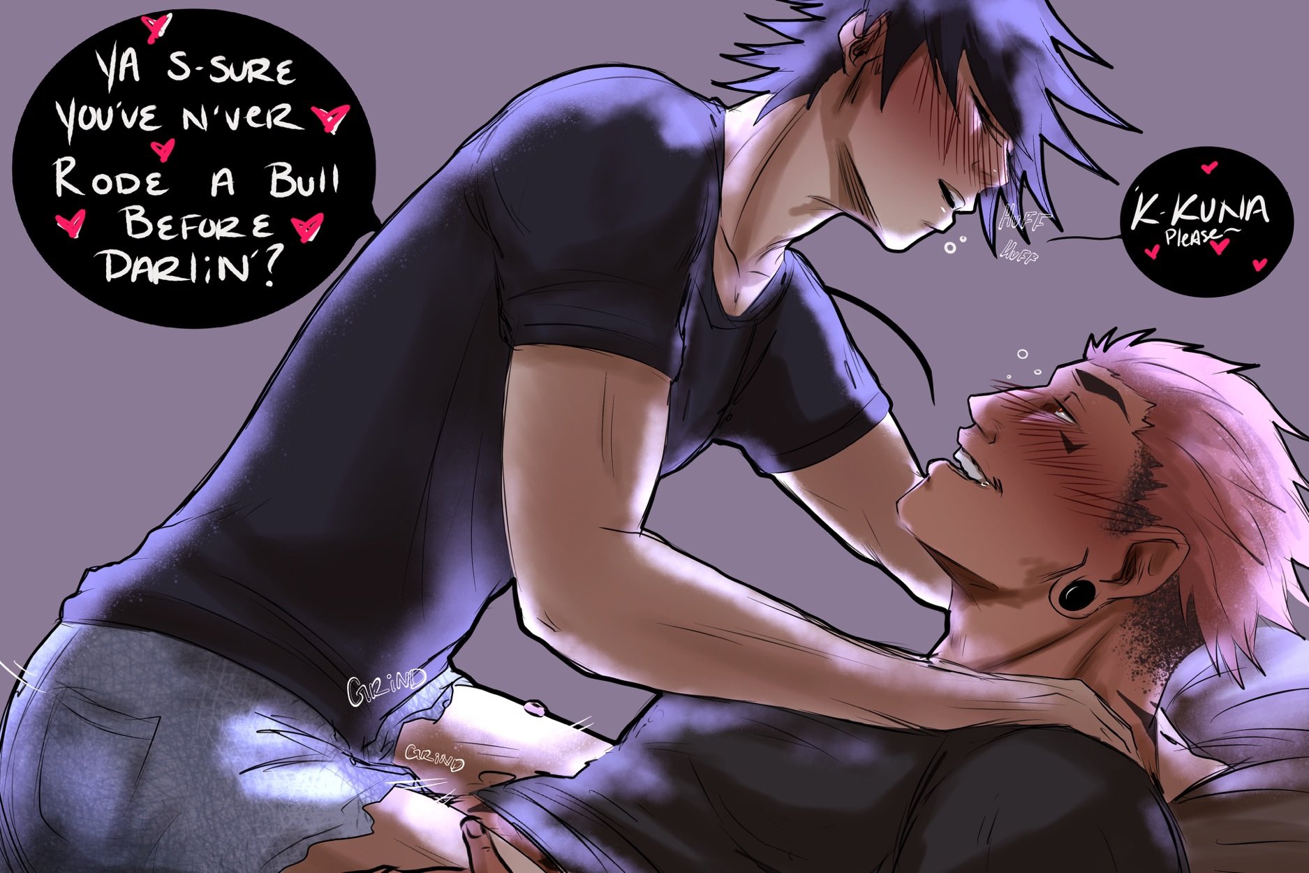 2boys, black hair, black shirt, blush, bulge through clothing, clothed, clothing, english text, facial tattoo, frottage, fushiguro megumi, gay, jujutsu kaisen, looking at another, lying, male, male only, male/male, muscular, muscular male, navel, pink hair, ryoumen sukuna (jujutsu kaisen), shirt, shirt lift, short hair, shorts, size difference, smile, spicyquirk, stomach tattoo, straddling, thighs, twink, yaoi