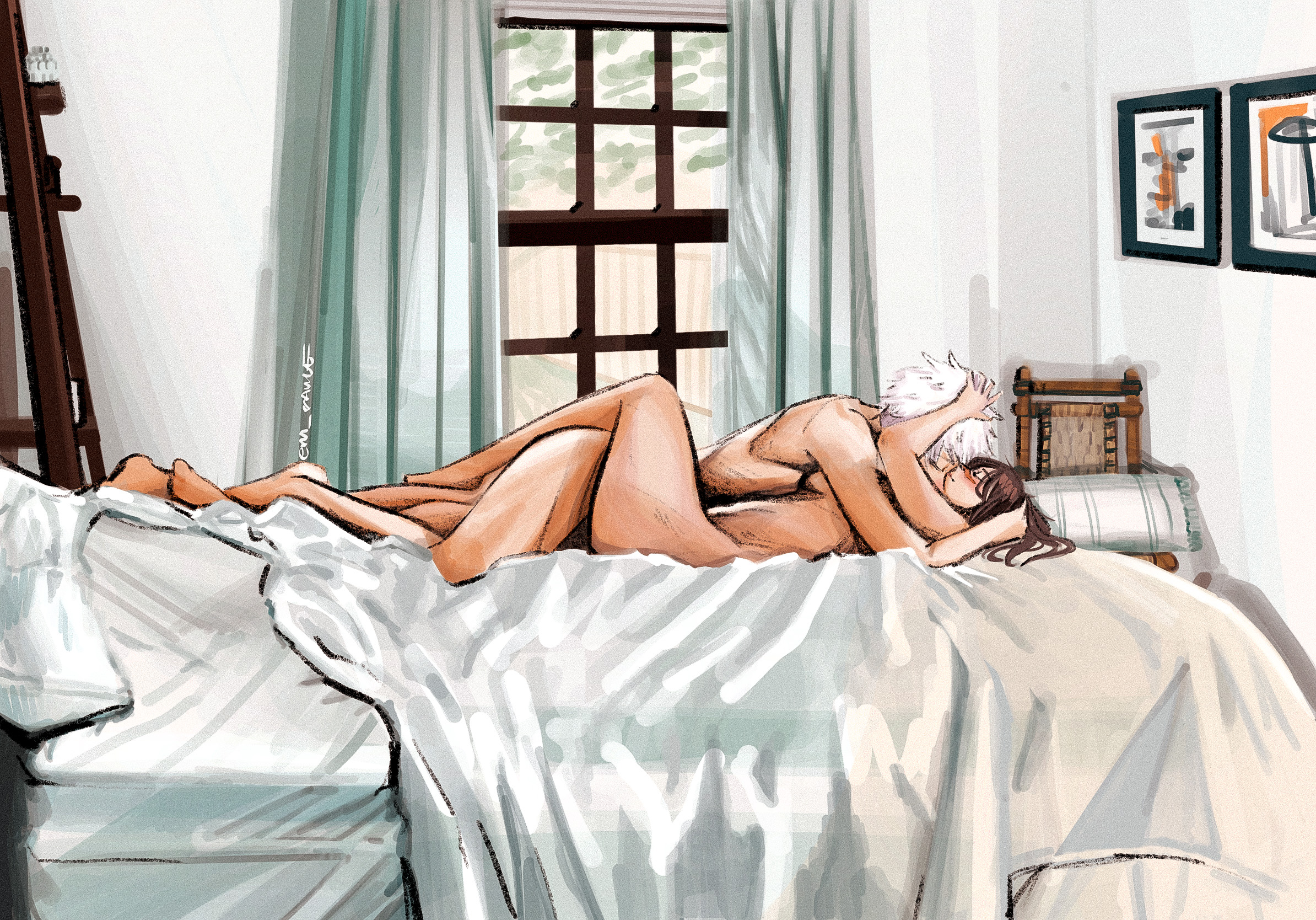 1boy, 1girls, areola, bare shoulders, black hair, breasts, eru sauce, female, hi res, highres, jujutsu kaisen, long hair, male, medium breasts, passionate, plain background, satoru gojo, scar on face, short hair, simple background, straight, utahime iori