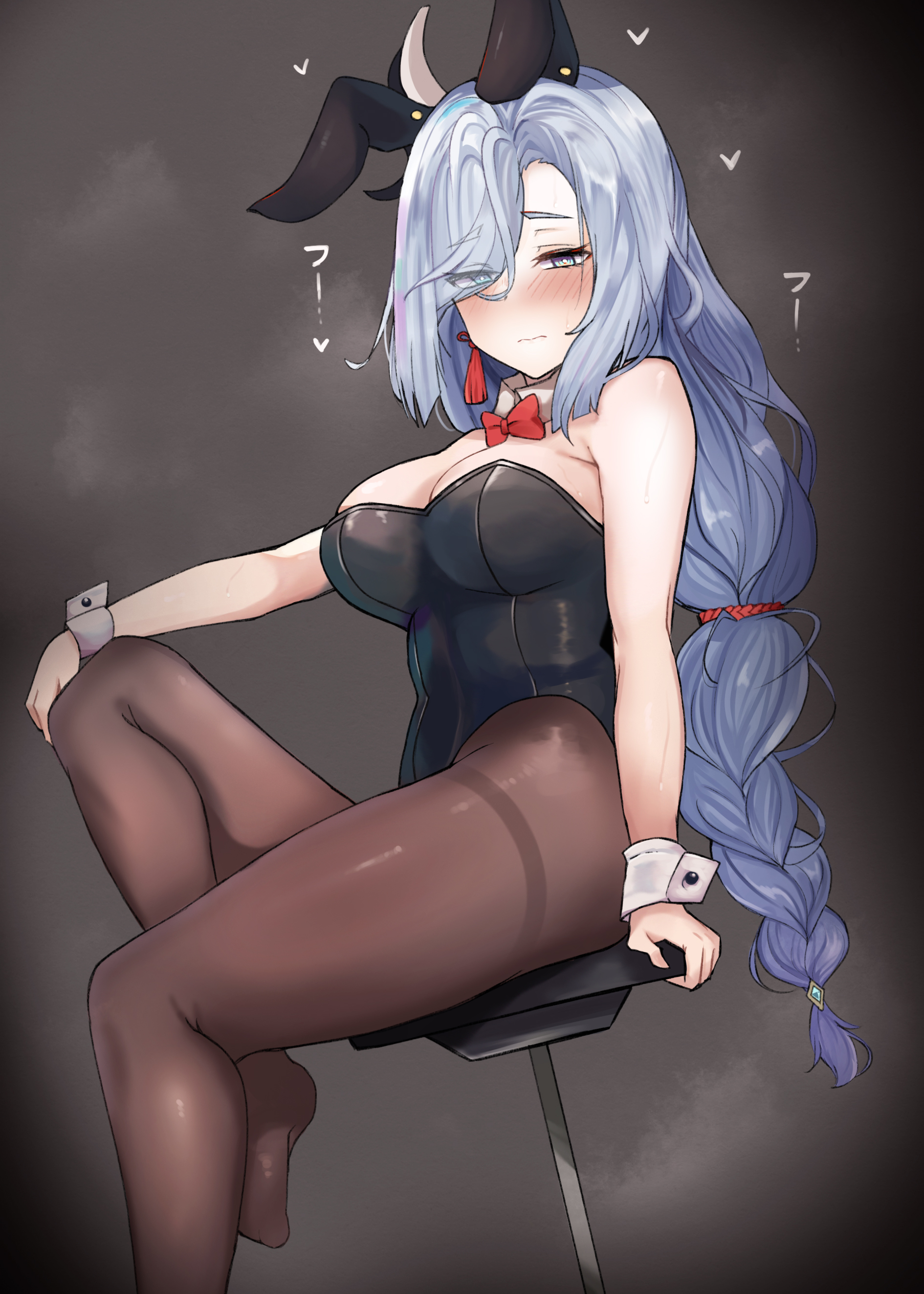 1girls, absurdres, animal ears, black leotard, blush, bow, bowtie, breasts, cla (finesoda), closed mouth, detached collar, eyes visible through hair, fake animal ears, female, genshin impact, hair over one eye, highres, large breasts, leotard, light skin, light-skinned female, long braid, long hair, looking at viewer, pantyhose, playboy bunny, rabbit ears, red bow, red bowtie, shenhe (genshin impact), silver hair, sitting, solo, stool, wrist cuffs