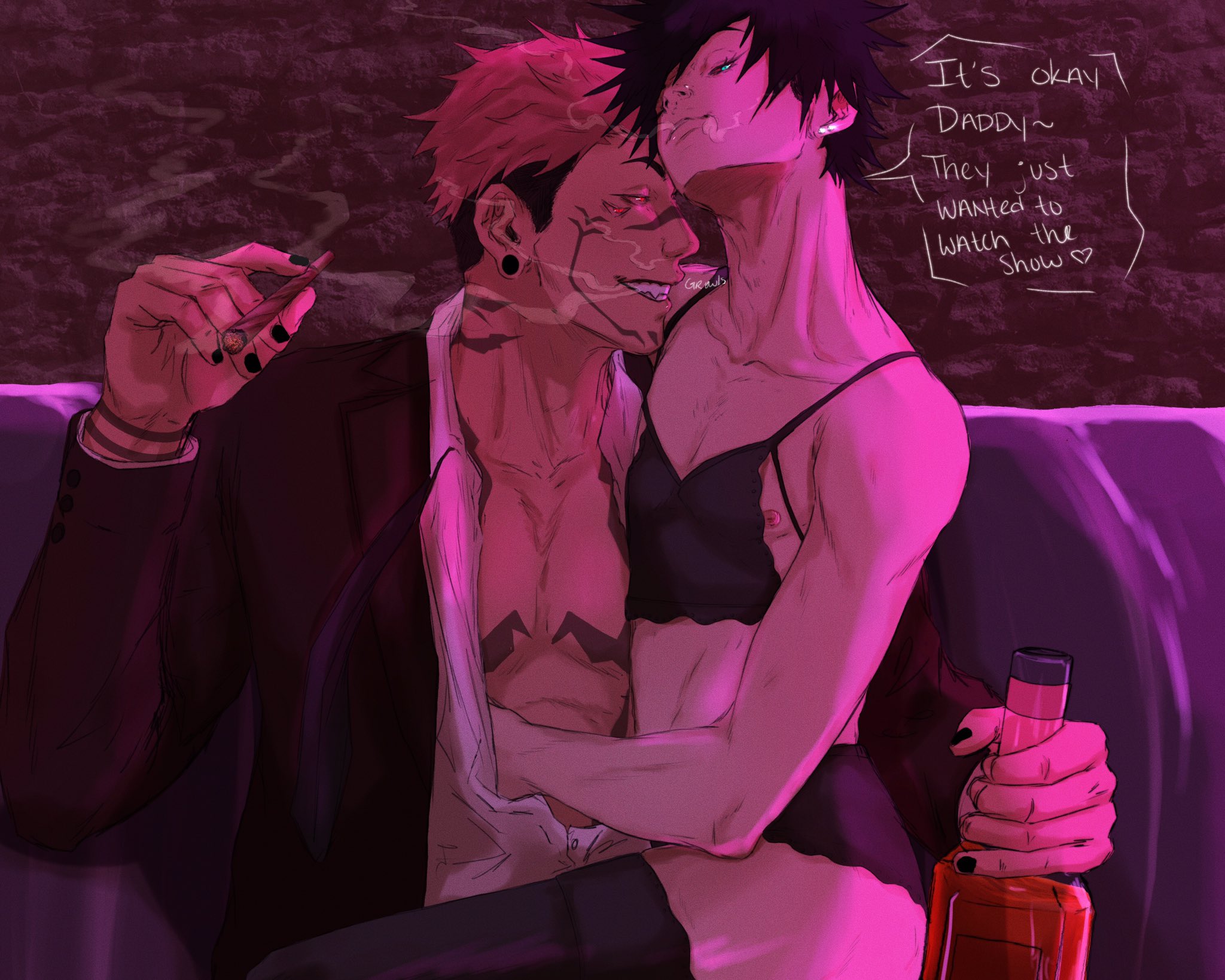 2boys, black hair, chest tattoo, crossdressing, english text, evil smile, facial tattoo, femboy, feminine male, formal, fushiguro megumi, gay, groping, holding, jujutsu kaisen, lingerie, male, male only, male/male, nipples, red eyes, ryoumen sukuna (jujutsu kaisen), short hair, sissy, sitting, size difference, smoking, spicyquirk, suit, thighhighs, thighs, twink, wine bottle, yaoi